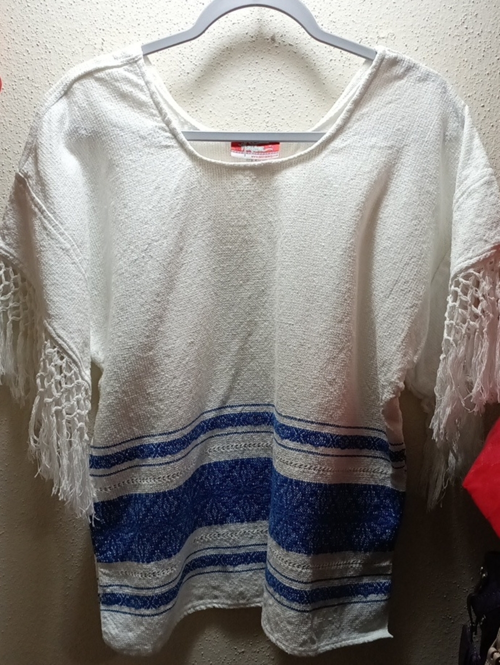 Nativa Woven Hand Made In Mexico Top With Crochet Sleeves PTP 23 No Size Tag.